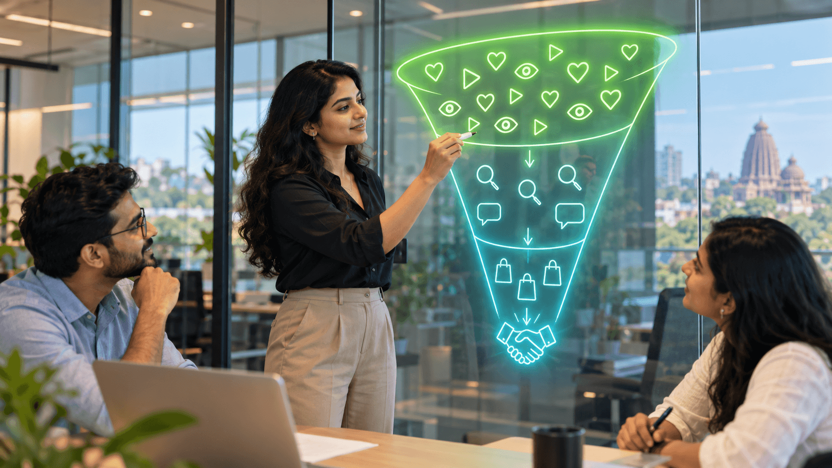 Marketing funnel showing awareness, consideration and conversion stages