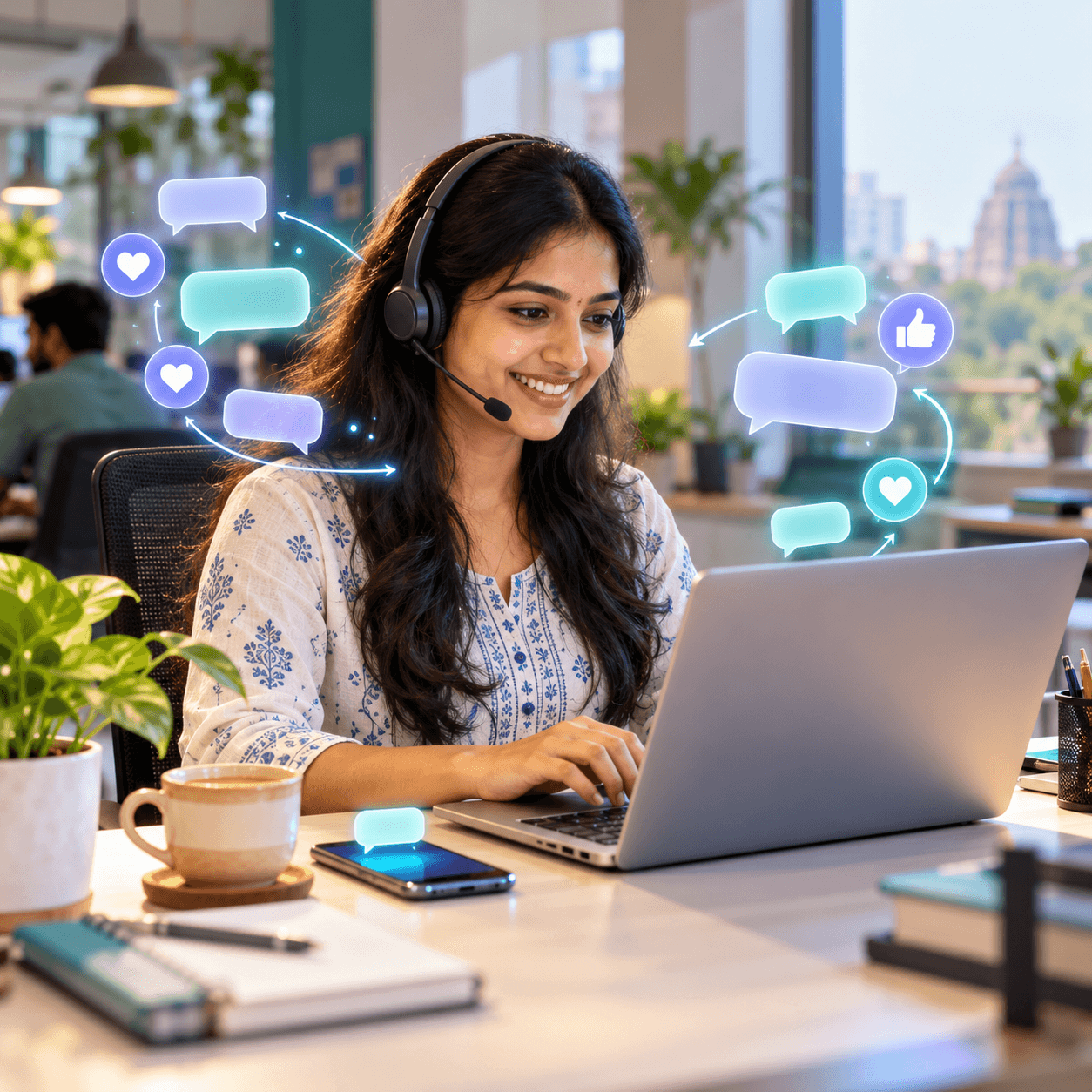 Social media manager replying to customer comments and messages on a laptop