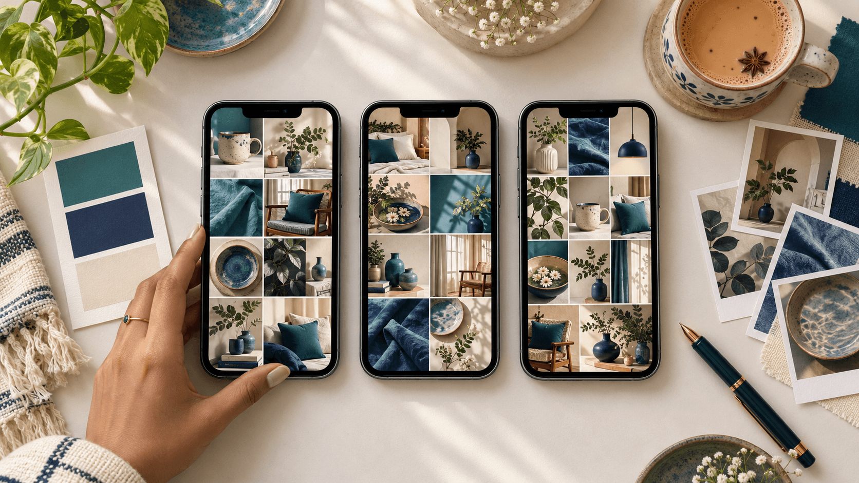Consistent branded social media posts for a business shown on several phones