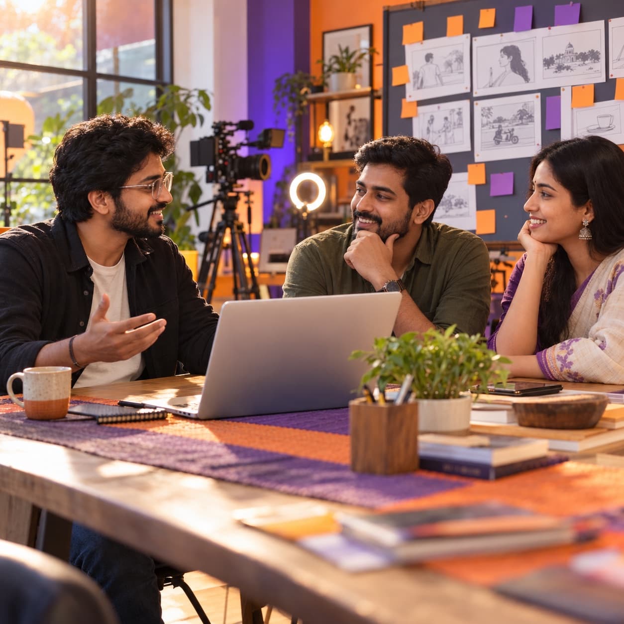 Diginnoya creative director discussing a video production plan with clients in a Bhubaneswar studio