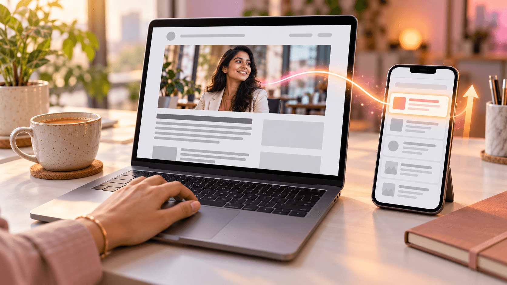 Online news article featuring a brand, shown on a laptop and phone