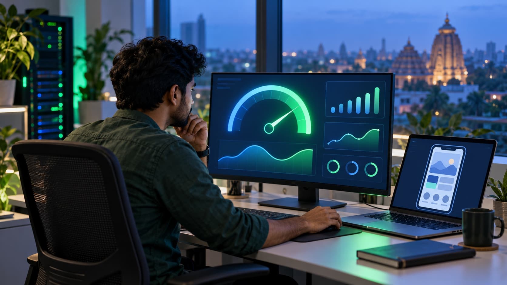 SEO specialist analysing website speed and technical SEO issues on a dashboard